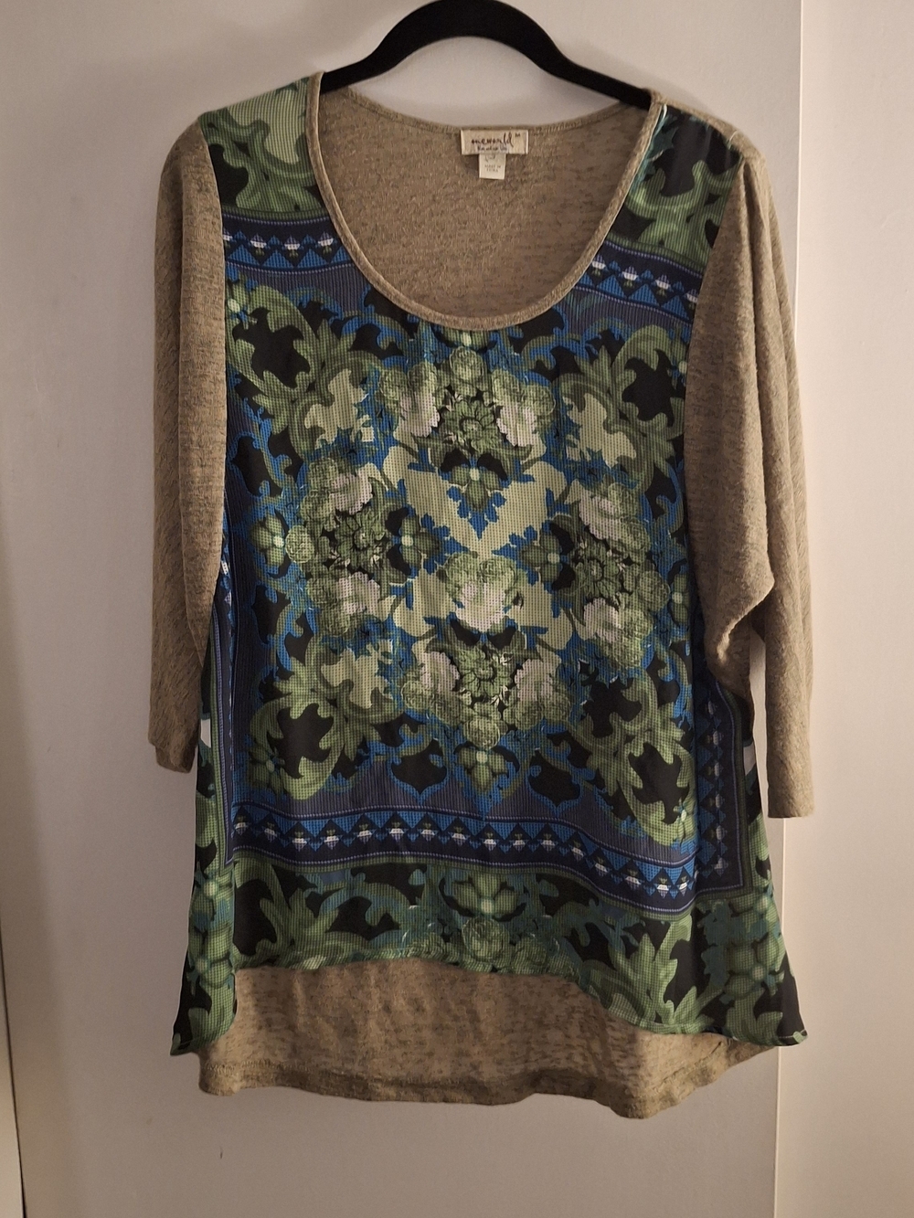 ONE WORLD Women's Beige Tunic with Green and Blue Floral Medallion Print